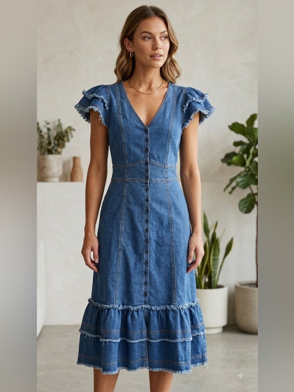 V-Neck Denim Midi Dress with Frayed Ruffle Sleeves - Blue